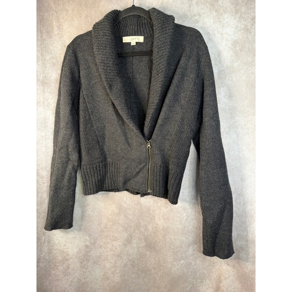 Ann Taylor Loft Women's Gray Merino Wool Zipper Shawl Collar Cropped Cardigan  M - Picture 2 of 5